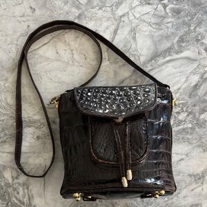 Vintage Lana Marks Croc-Embossed Brown Leather Crossbody Bag with Gold Hardware